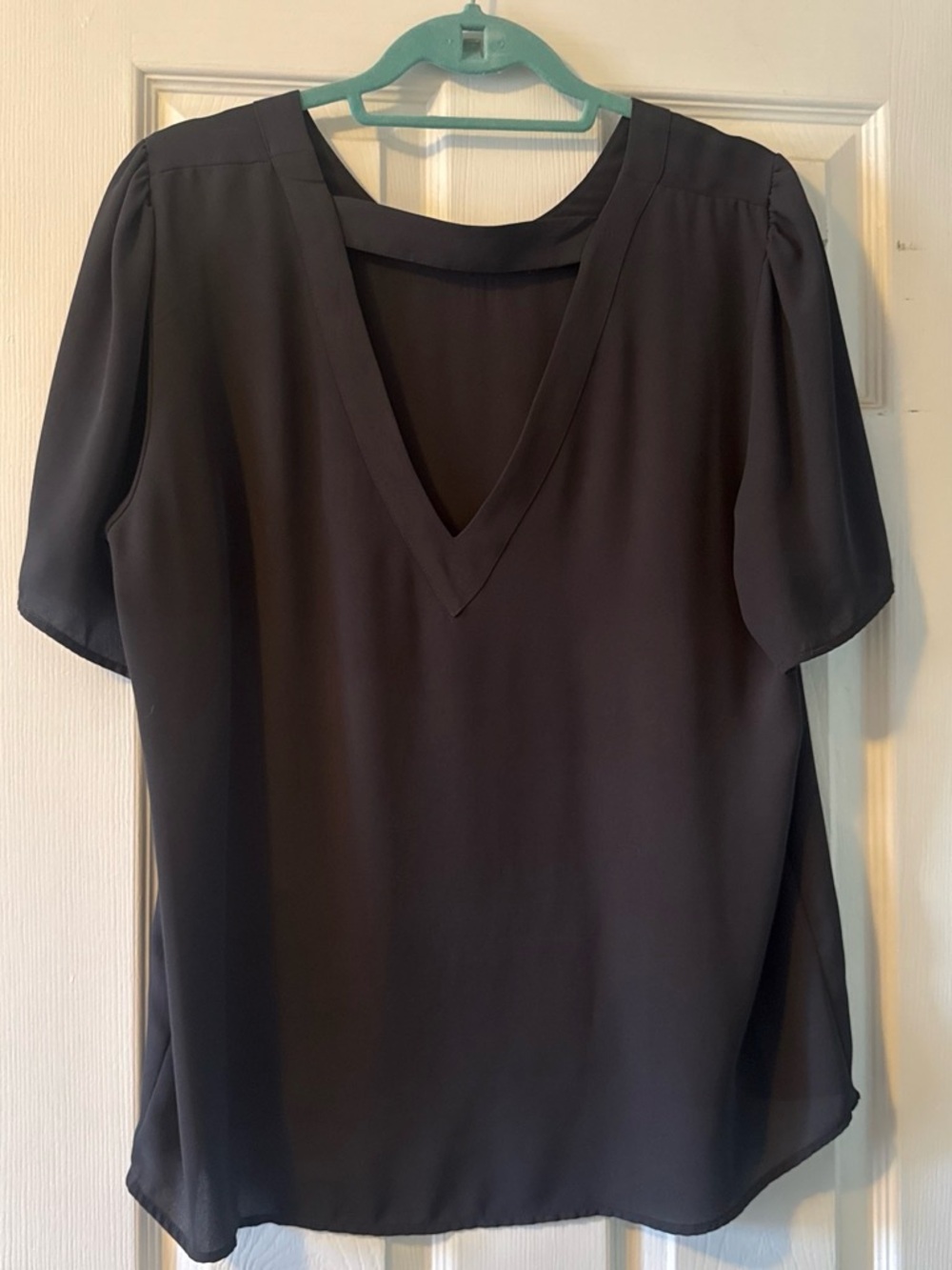 Halogen Short Sleeve Blouse Modest open back, subtle sleeve detail  - Charcoal